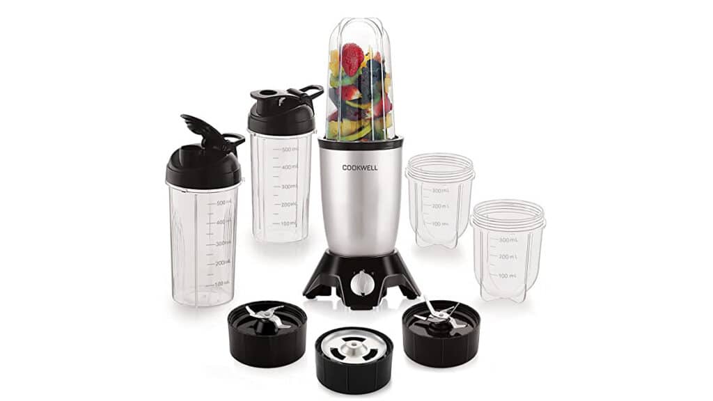 Cookwell Bullet Mixer Grinder, 600W, Push + Knob Modes (5 Jars, 3 Blades, Silver)